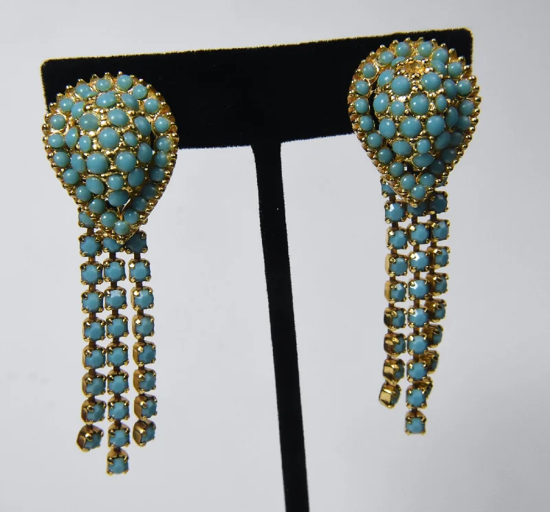 Ladies joyful burst earrings -Vintage Gold Tone Faux Turquoise Tassel Clip On Earrings