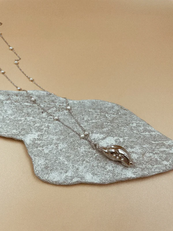 Ladies Necklaces with Milky Moonstone-Lune Chrysalis Pendant Necklace in Silver Tone With Pearl Chain