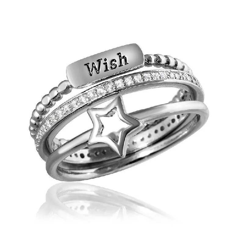 Ladies Feather Light Engagement Rings -Silver 925 Rhodium Plated Triple Band Wish Star Wedding Ring with CZ - STR01061