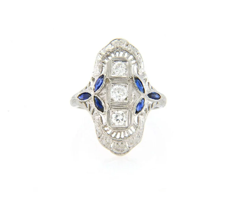 Ladies Rings for Nurse Spark-Vintage 0.50ctw European Cut Diamond and Sapphire Three Stone Ring in 18K