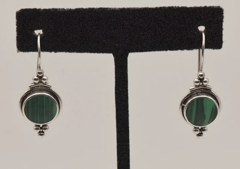 Ladies woven craft earrings -VIntage Sterling Silver Malachite Earrings