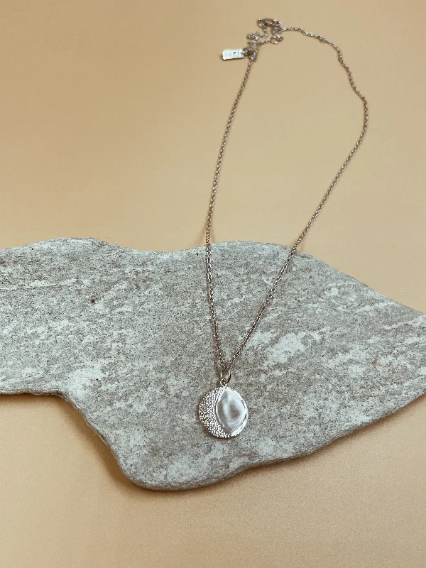 Ladies Necklaces for Friend Spark-Small Moon Medallion Necklace in Silver Tone