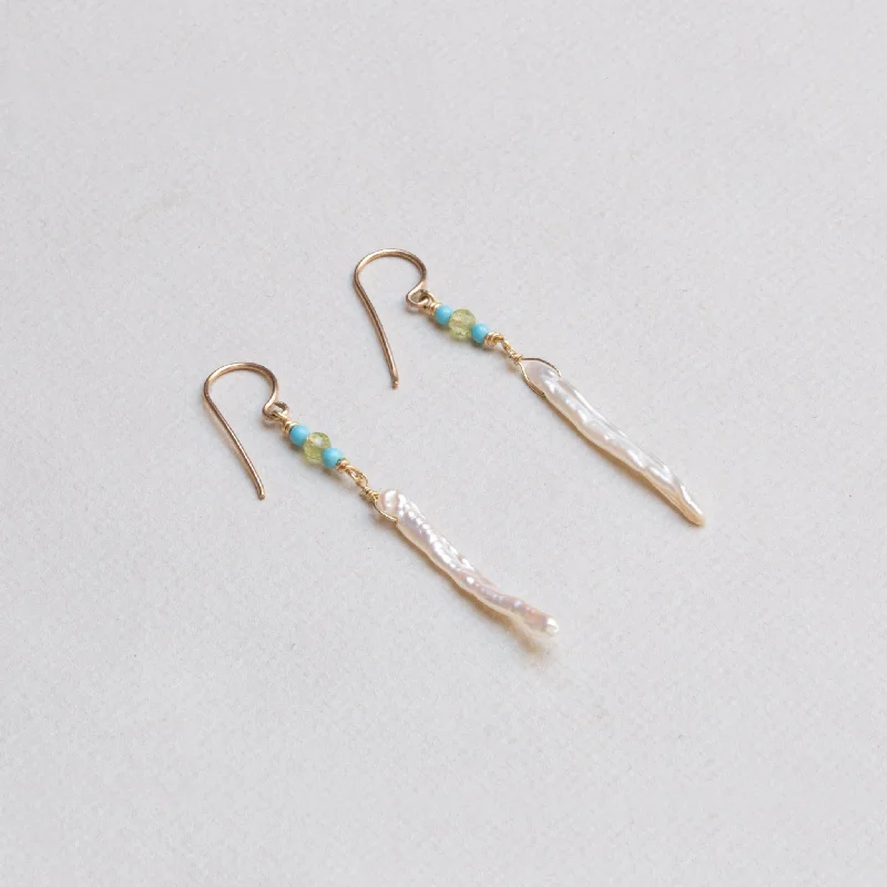 Ladies throwback retro earrings -Peridot, Turquoise & Stick Pearls Drop Earrings