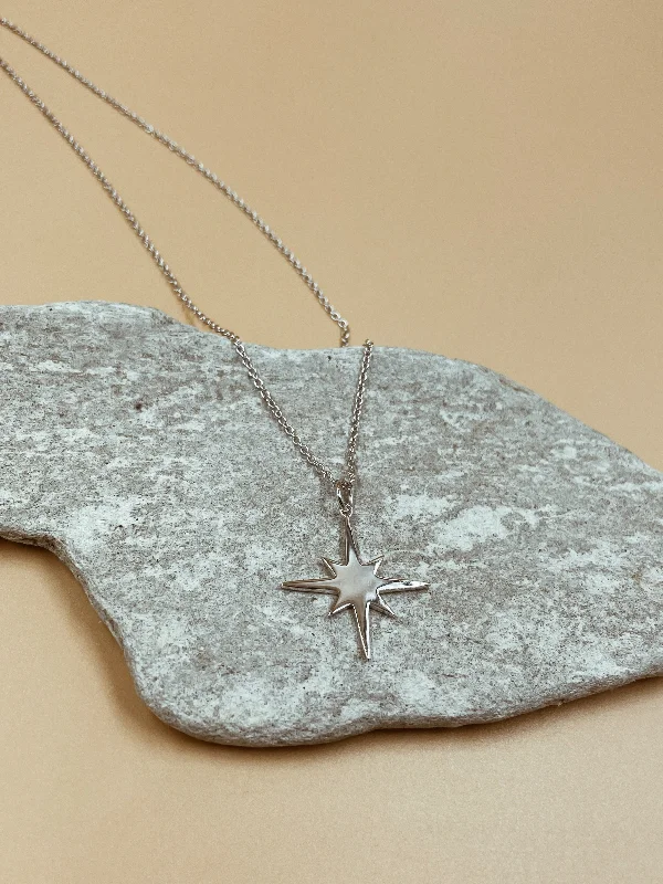 Ladies Necklaces with Cream Howlite-Medium Pointed Star Pendant Brass Necklace in Silver Tone