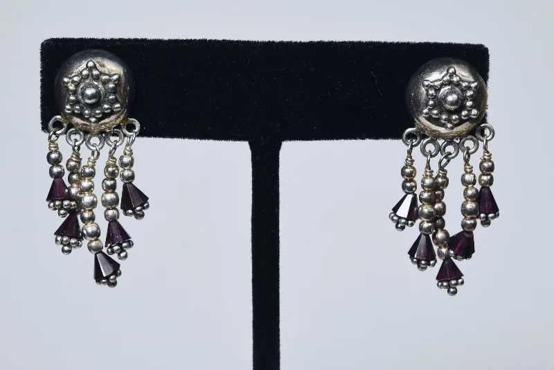 Ladies energy surge earrings -Vintage Sterling Silver Red Garnet Dangle Indian Stud Earrings