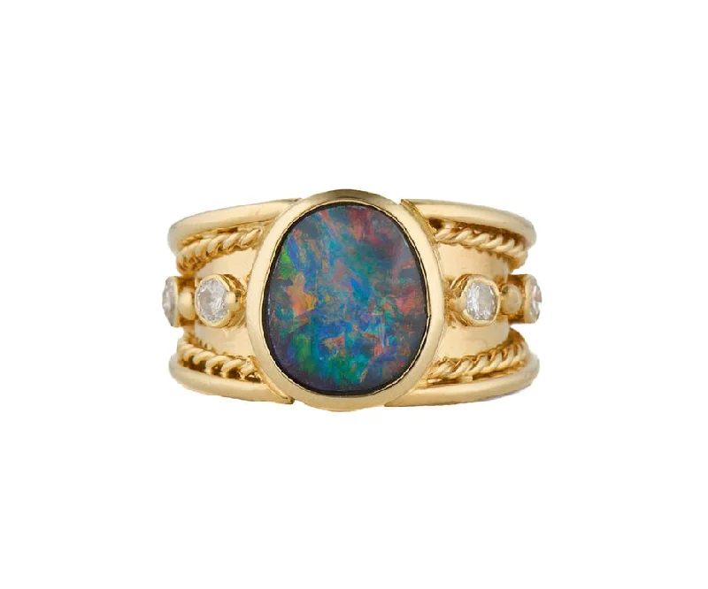 Ladies Rings with Blue Dumortierite-Oval Black Opal and 0.50ctw Diamond Bezel Set Etruscan Style Ring in 18K