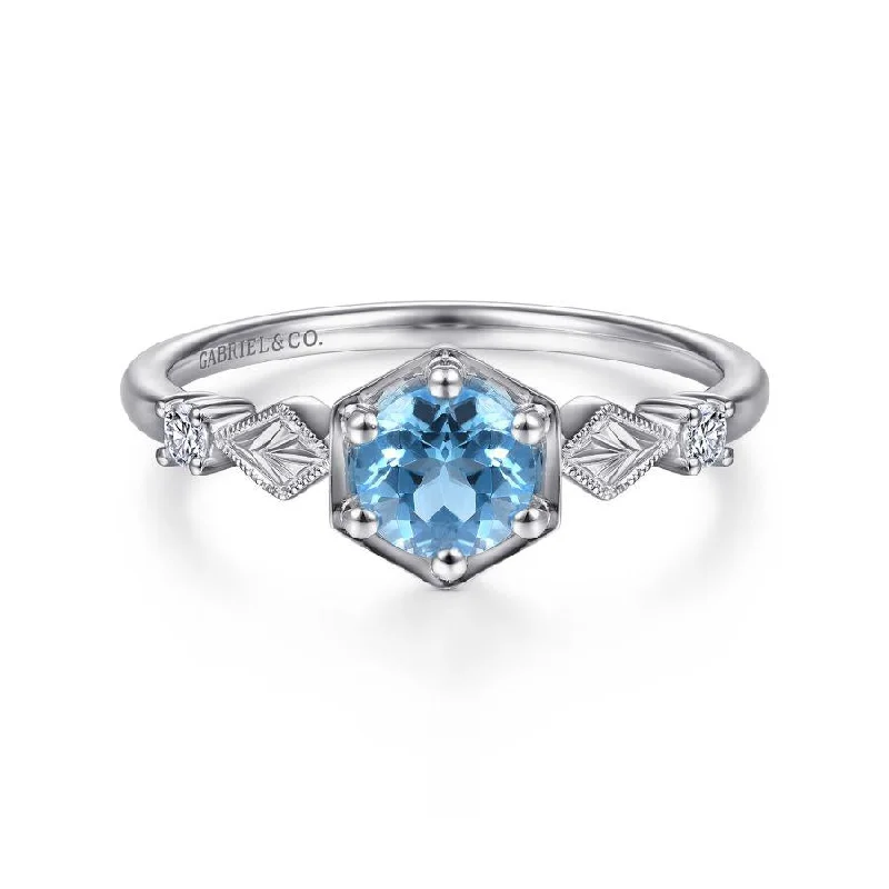 Ladies Rings for Explorer Spark-Gabriel & Co. - LR51601W45BT - 14K White Gold Hexagonal Blue Topaz Diamond Ring