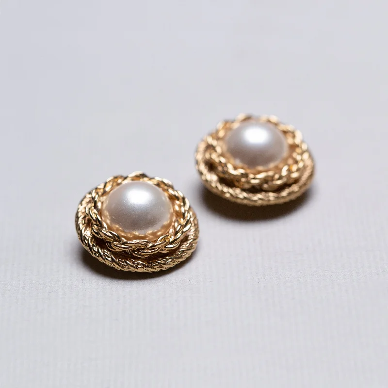 Ladies enchanted bloom earrings -Vintage Gold and Pearl Clip-on Earrings