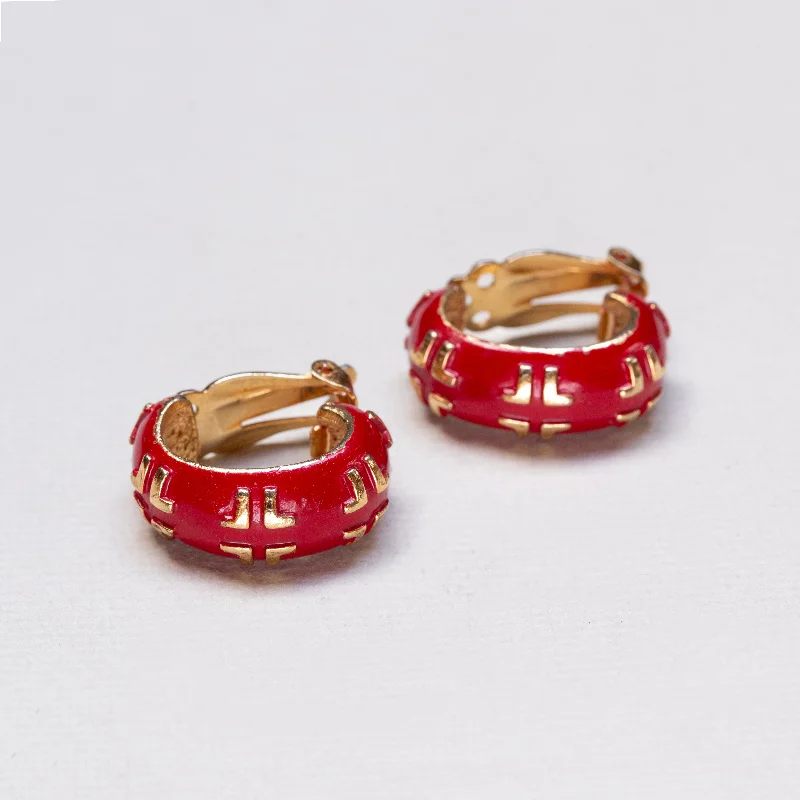 Ladies daily ease earrings -Vintage Lanvin Red Enamel and Gold Clip-on Earrings