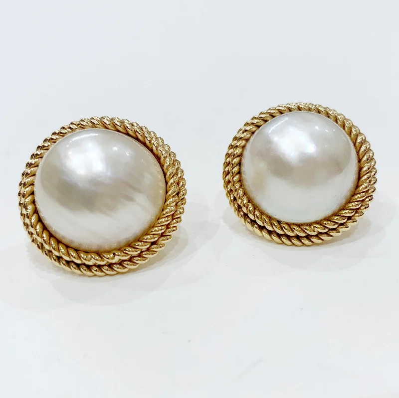 Ladies tactile texture earrings -Estate Collection Earrings - Large Mabe Pearl W/14K Gold Rope Design