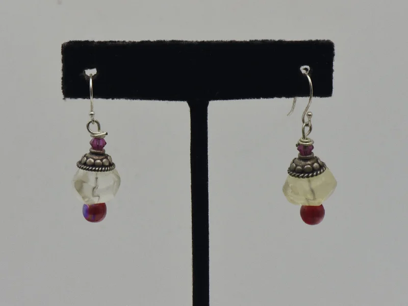 Ladies oval charm earrings -Glass Bead Sterling Silver Dangle Earrings