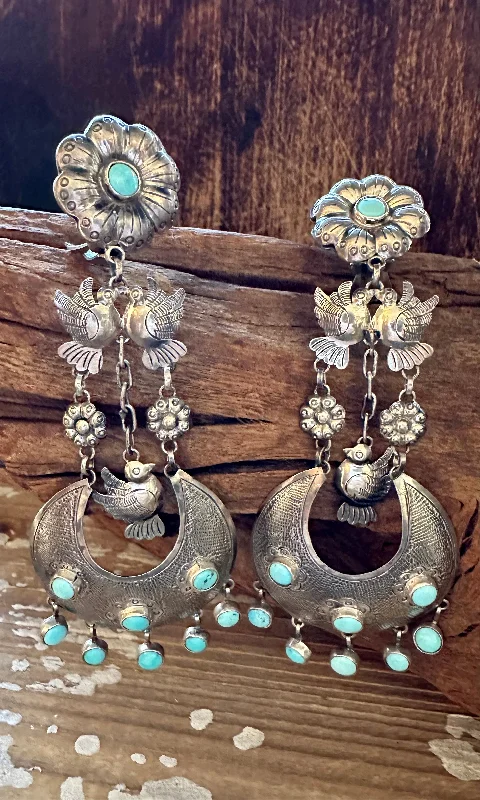 Ladies deco flair earrings -FEDERICO TURQUOISE LOVEBIRDS Mexican Silver Earrings