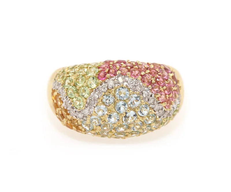 Ladies Rings Pure Shine-Peridot Citrine Blue Topaz Pink Tourmaline and Diamond Dome Ring in 18K