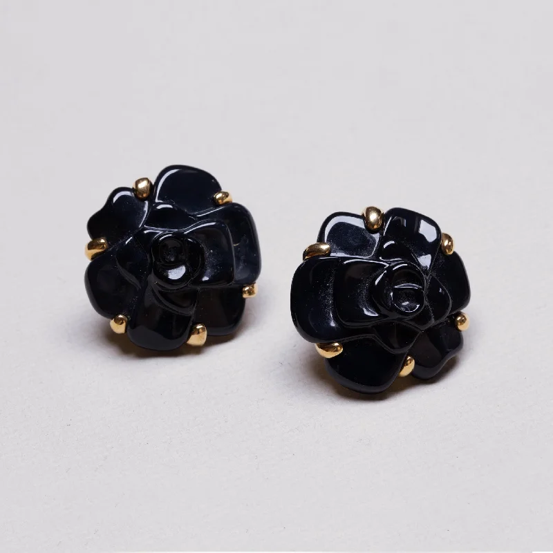 Ladies carefree boho earrings -Vintage Chanel 18ct Gold and Black Onyx Camelia Clip-on Earrings