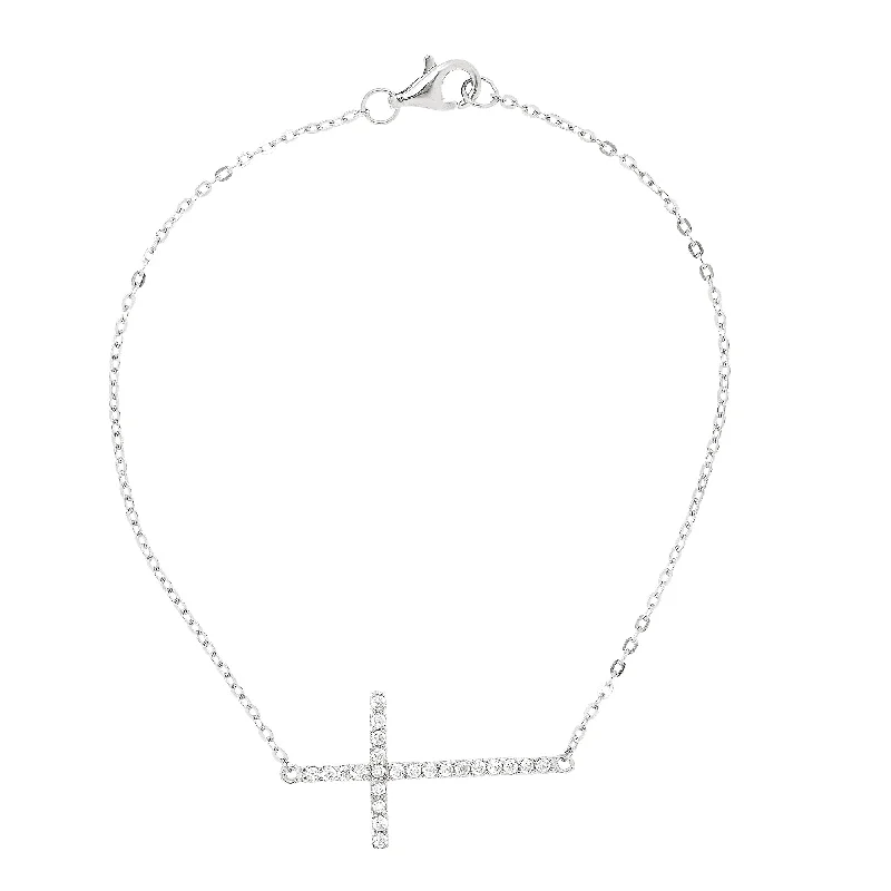 Ladies Necklaces with White Leucite-Silver CZ Side Cross Necklace