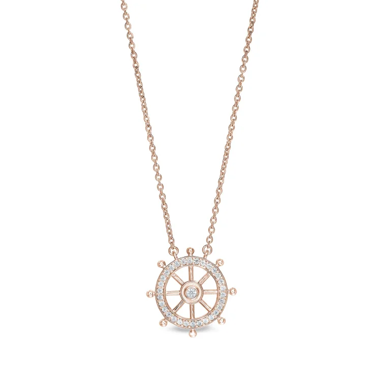 Ladies Necklaces for Hero Glow-Rose Gold Finish Sterling Silver Micropave Ship's Wheel Necklace with Simulated Diamonds on 16" - 18" Adjustable Chain