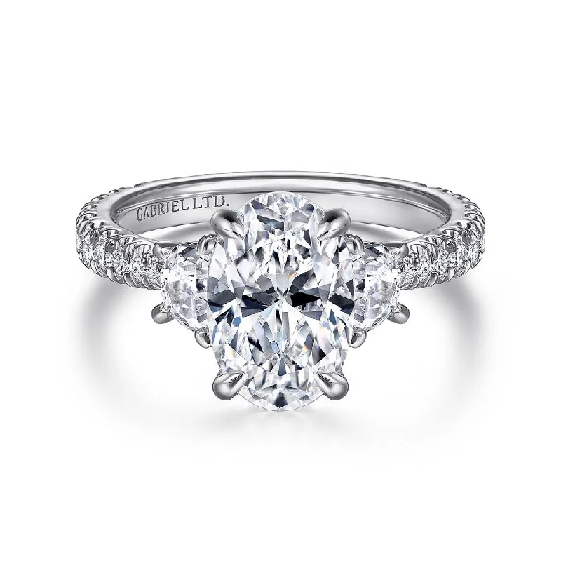 Ladies Bare Minimal Engagement Rings -Gabriel & Co. Yasmine - 18K White Gold Oval Three Stone Diamond Engagement Setting