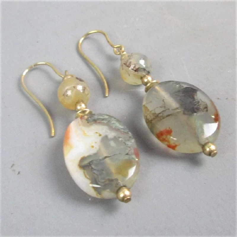 Ladies bespoke custom earrings -9ct Yellow Gold & Moss Agate Drop Earrings Vintage c1970